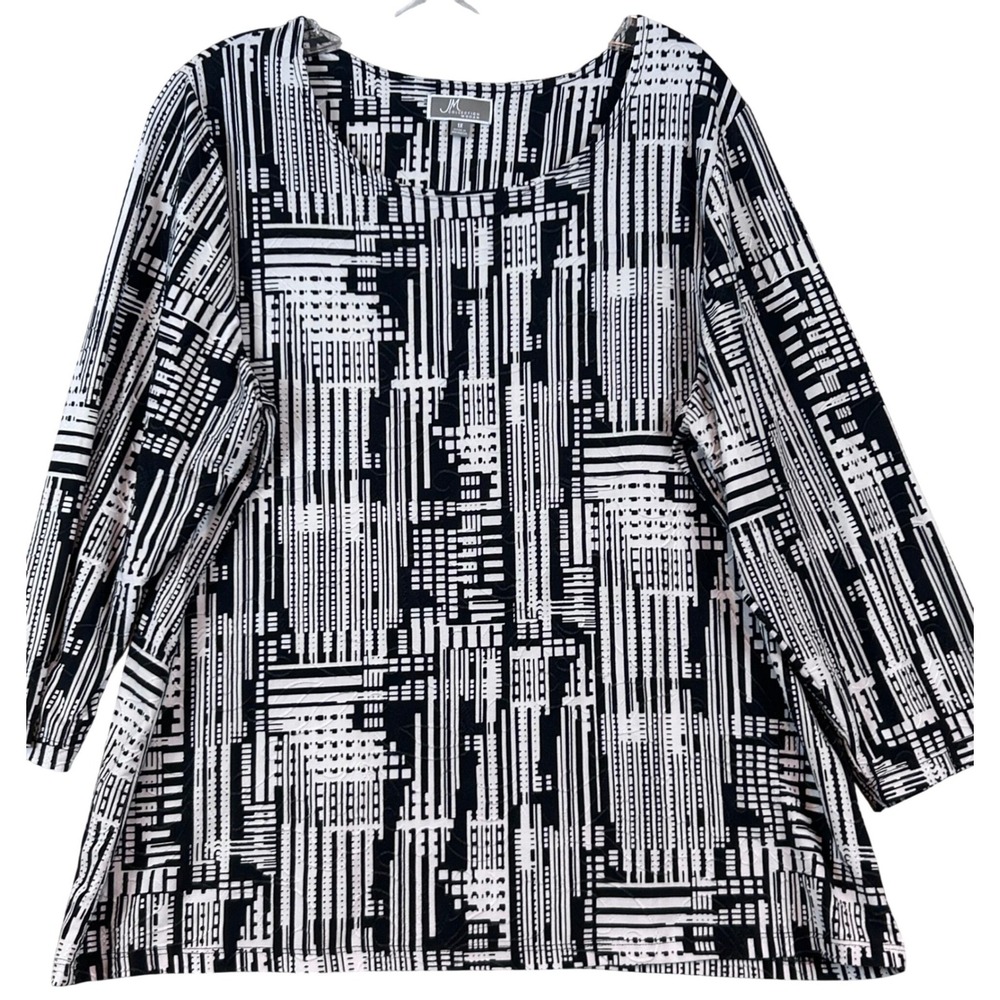 JM Collection Woman Black White Geometric Office 3/4 Sleeve Top Plus 1X‎ Tunic